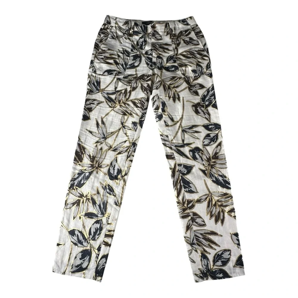 J. Crew Women's Garden Pant Cropped Gold Foil Leaf 100% Linen‎ Size 00